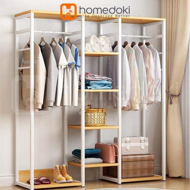 Homedoki Rak Baju Gantung Stand Hanger Rak Baju Rak Pakaian Rak Gantung Baju Kayu Besi