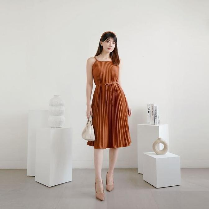 Dress Plisket Midi / Dress Plisket Wanita / Pleated Dress Casual Panjang CS