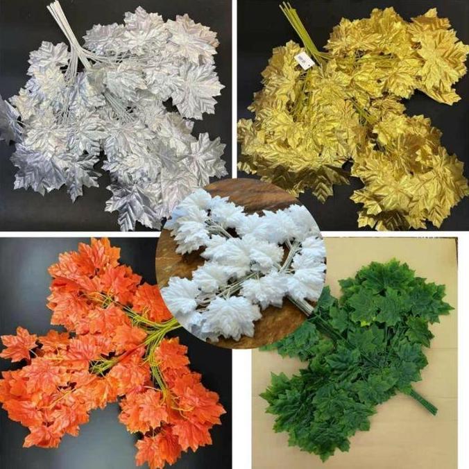 12 Cabang Daun tangkai maple orange artificial sintetis artificial  plants daun  hias Plastik daun  