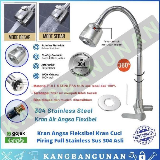 OSATQEF Kran angsa fleksibel Kran cuci piring Full Stainless SUS 304 Asli Air Keran