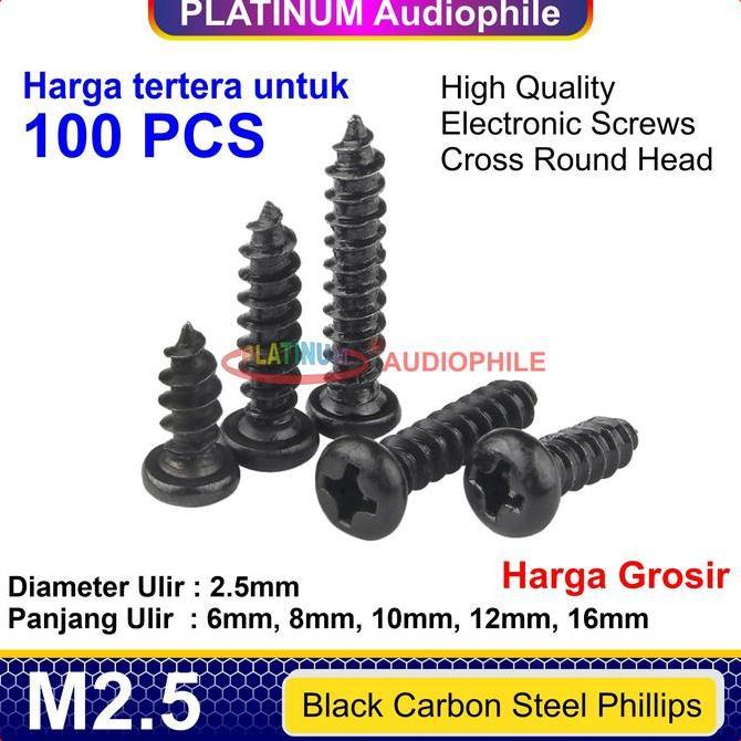 ESOKUIKI Sekrup Hitam M2.5 100pcs Speaker Baut Skrup kasar lancip tajam Carbon Steel
