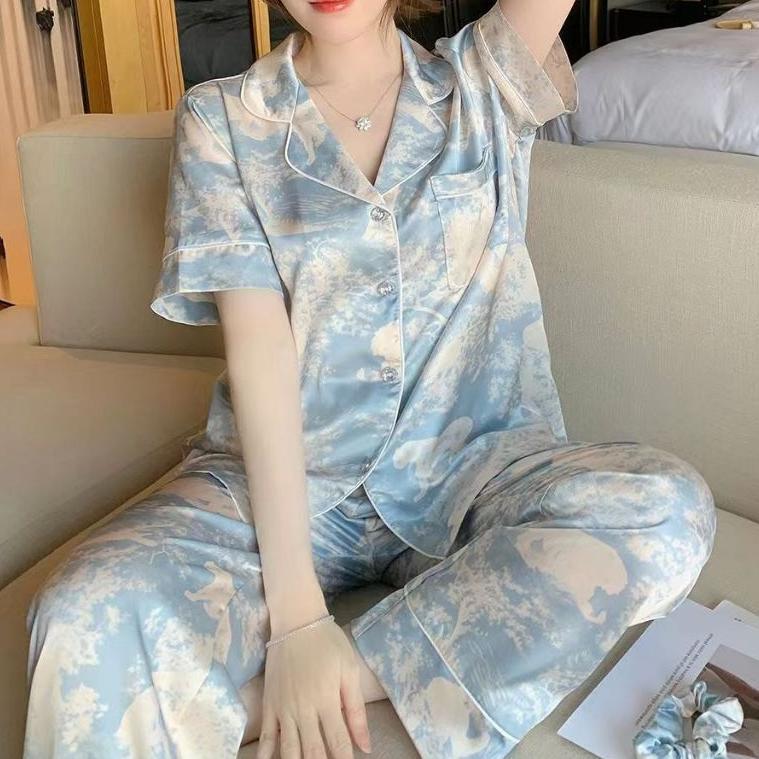 2025 piyama sutra sutra es tie-dye baru piyama wanita sutra manis dan indah angin lengan pendek cela