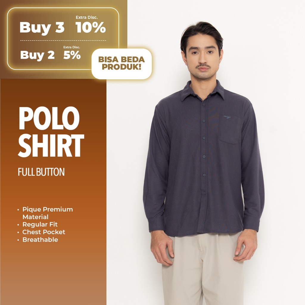 Erigo Polo Shirt Full Button Long Sleeve Brenn Navy - Kemeja Kerah Lengan Panjang Polos Unisex