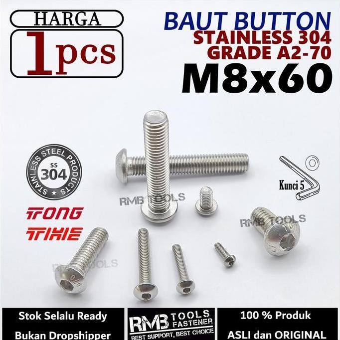 Baut L Button M8x60 Stainless Steel 304 A2-70 Tahan Karat Kunci L5 M8 terlaris