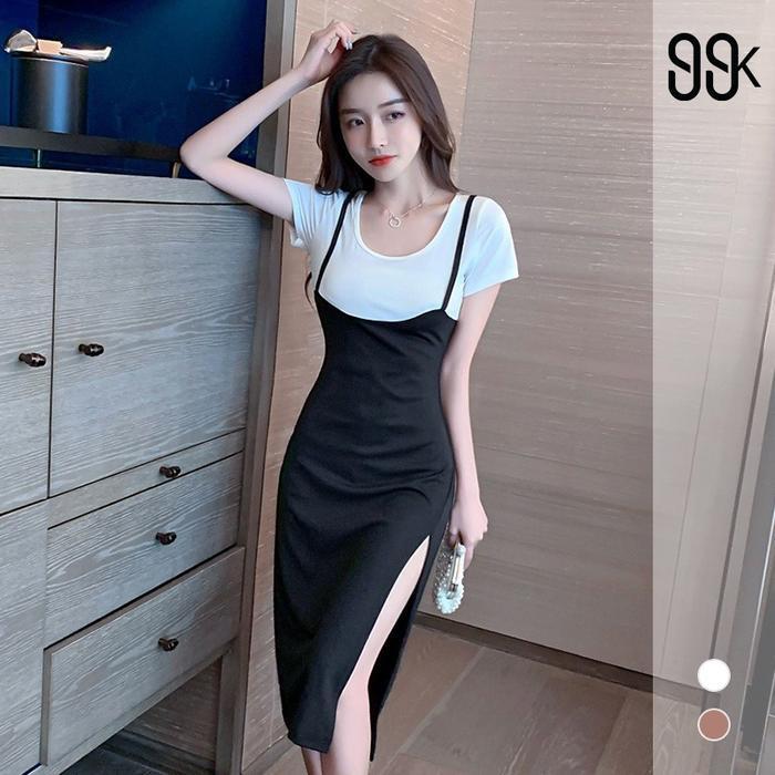 Bisa Cod - Big Size One Set U Neck Crop Tee Top + Bodycon Midi Dress With Side Split 1330 (S/M/Xl/Xx