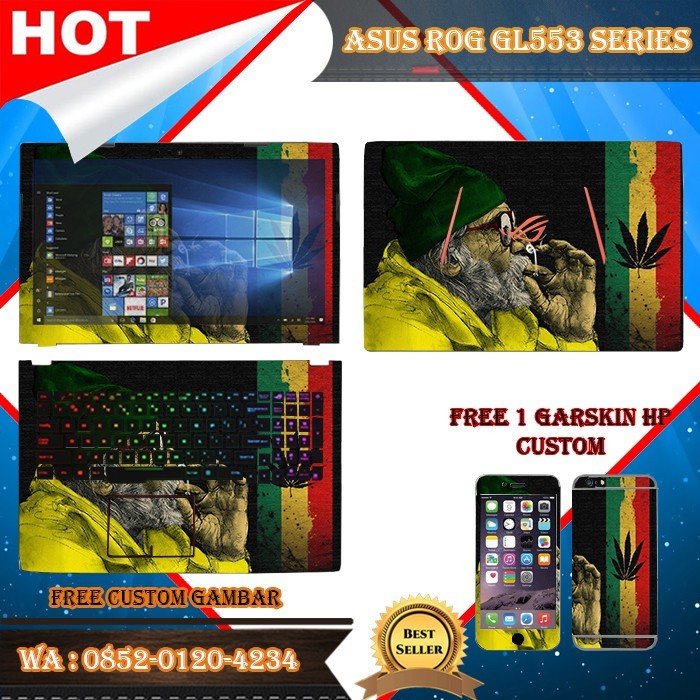 Promo 2Pcs Original Garskin Laptop Full Body Asus Rog Gl553 Series Motif Rasta - Free Custom Gambar 