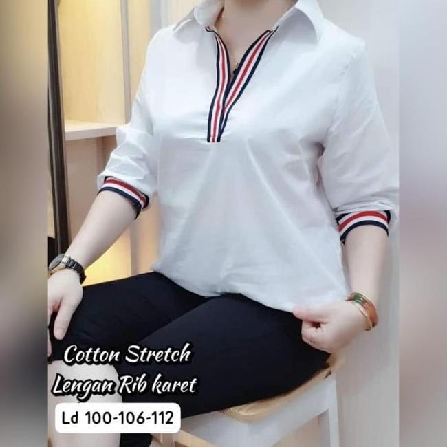 Kemeja Wanita Kemeja Wanita Putih Casual Putih Hitam Cotton Stretch V-Neck Korea