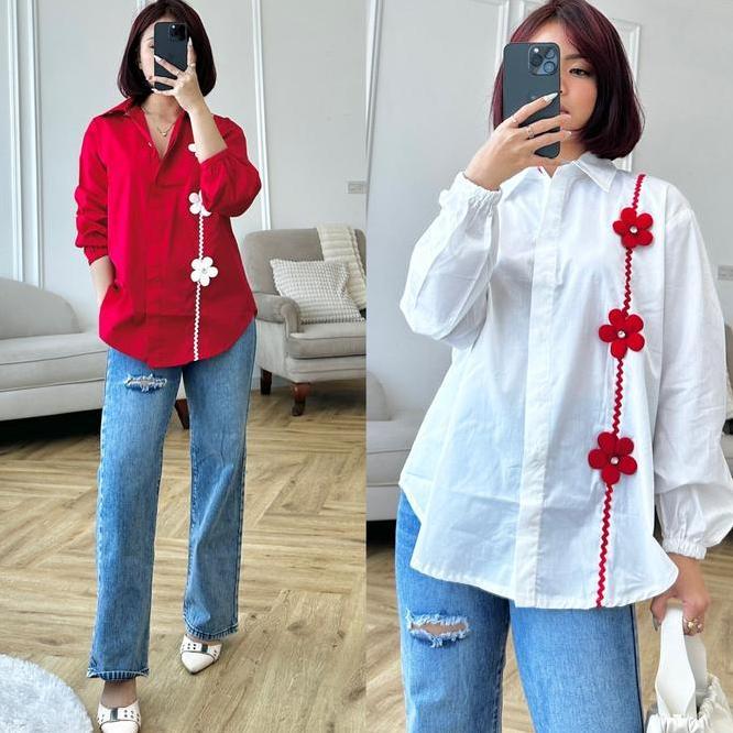 Nando Kemeja Bunga Nando Kemeja Bunga Merah Putih Merah Import Bkk Bahan Katun