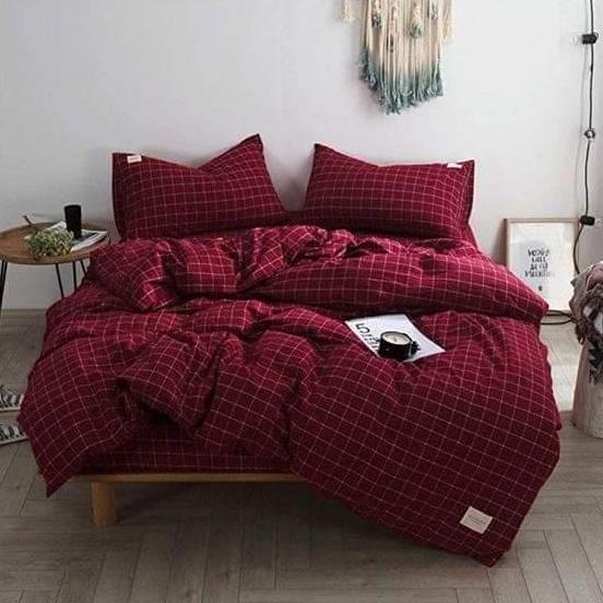 Sprei Set Kotak Maroon Kecil || Aesthetic Korea Series Premium
