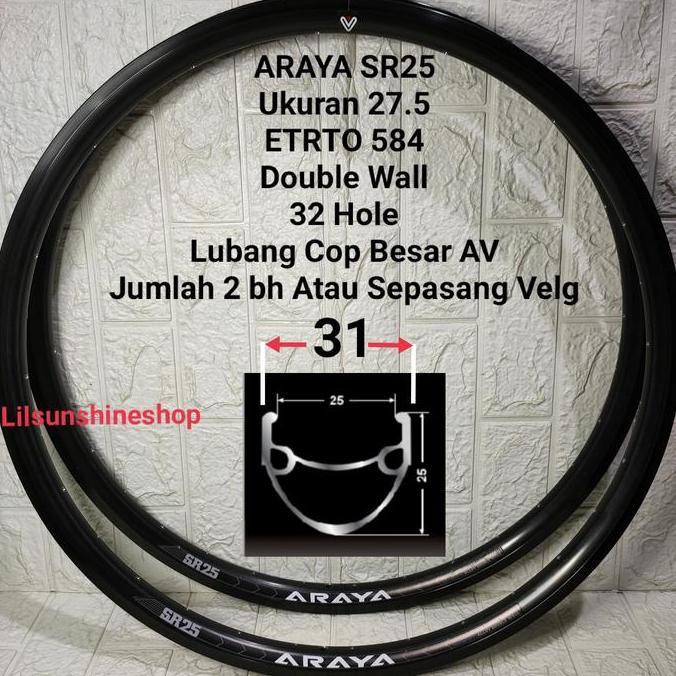 Rims Velg Sepeda MTB 27.5 ARAYA SR25 Lubang 32H Double Wall Ada Brake Line Jumlah Sepasang
