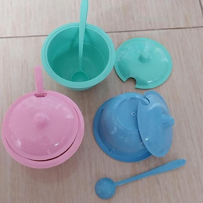 Tempat Wadah Sambel Mangkuk Plastik Tutup + Sendok Warna
