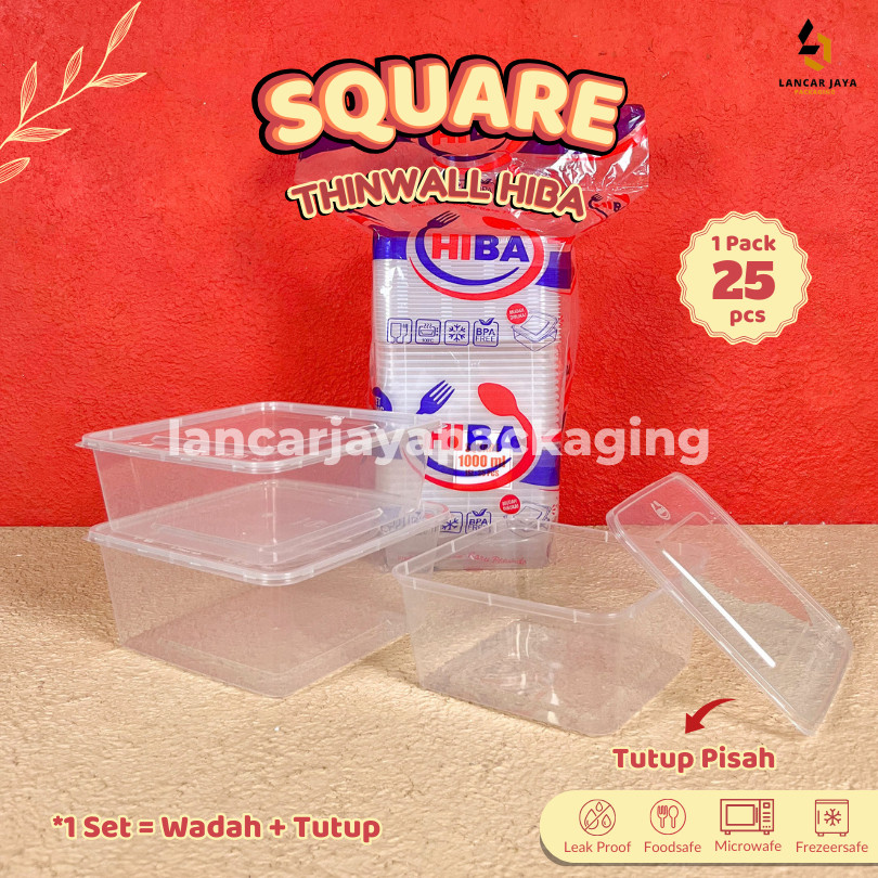 Hiba Thinwall Square Kotak Makan Plastik Persegi Wadah Nasi Berkat Kue 1000 1500 2000 2400 3000 Ml
