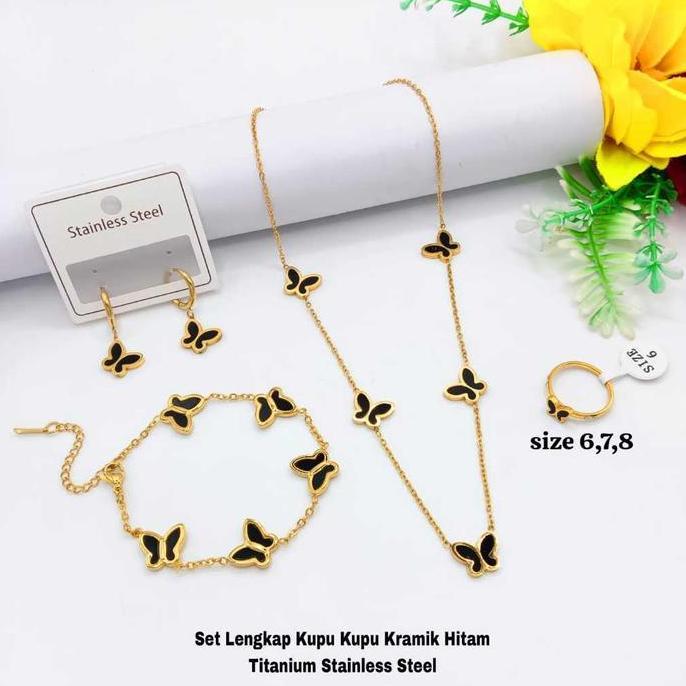SET KUPU KUPU HITAM TITANIUM KALUNG GELANG ANTING CINCIN