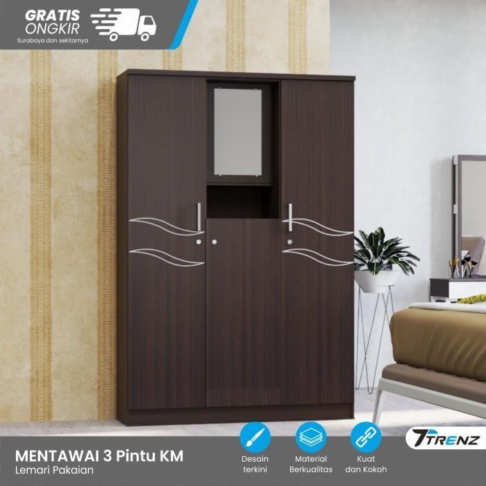 Almari Pakaian 3 Pintu Lemari Wardrobe dengan Kaca dan rak kosmetik