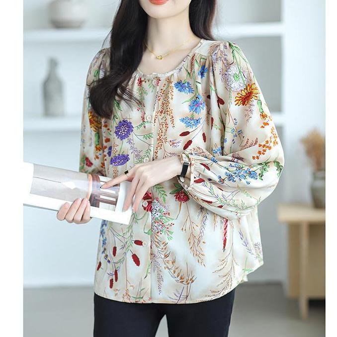 FLASH SALE TianShun Blus Cetakan Leher Bulat Wanita Kemeja Lengan Panjang Sifon OL Perjalanan Modis 