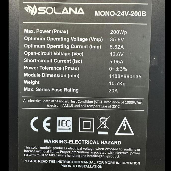 SOLANA SOLAR CELL/PANEL SURYA BLACK MONOCRYSTALLINE 24V 200WP PANEL SURYA MONOKRISTALIN 24V 200WP OR