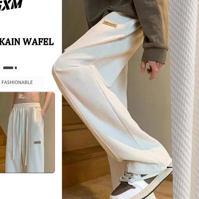 Celana Panjang Polos Kain Tebal Putih Pria Wafel Lurus Highwaist