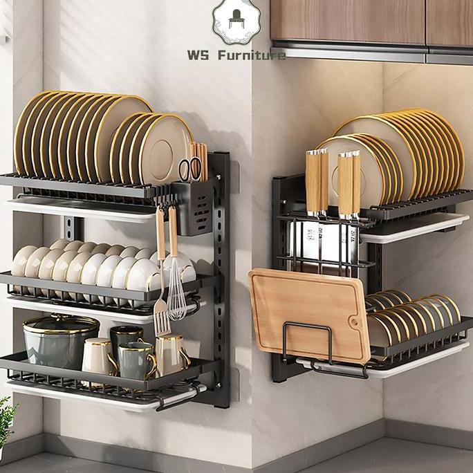 Rak Piring Gantung Rak Dapur Rak Dinding Rak Besi Anti Karat Rak Penyimpanan Mangkuk