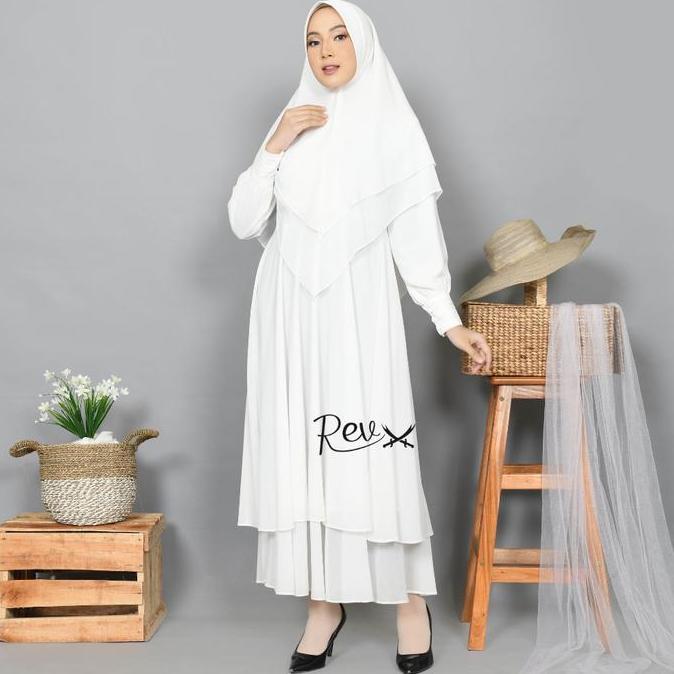 New Gamis Haji Umroh Wanita Set Khimar Ceruty 2 Lapis Putih Ceruty Babydoll Premium Elegan Promo Leb
