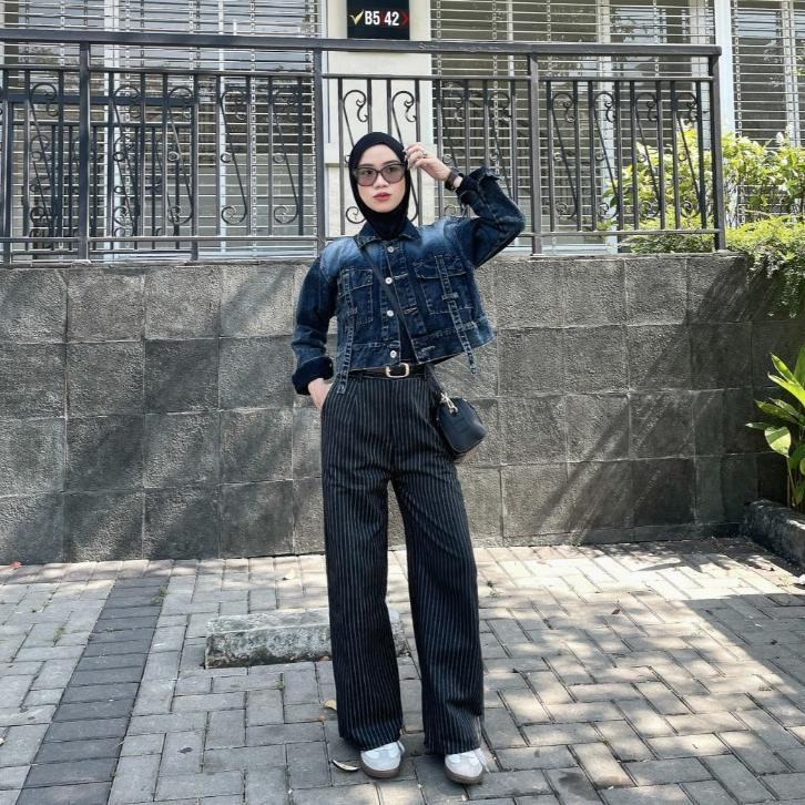 Promo Emweha Fuji Jaket Crop Jeans Denim Oversize Cewek Pocket Variasi Tali Denim