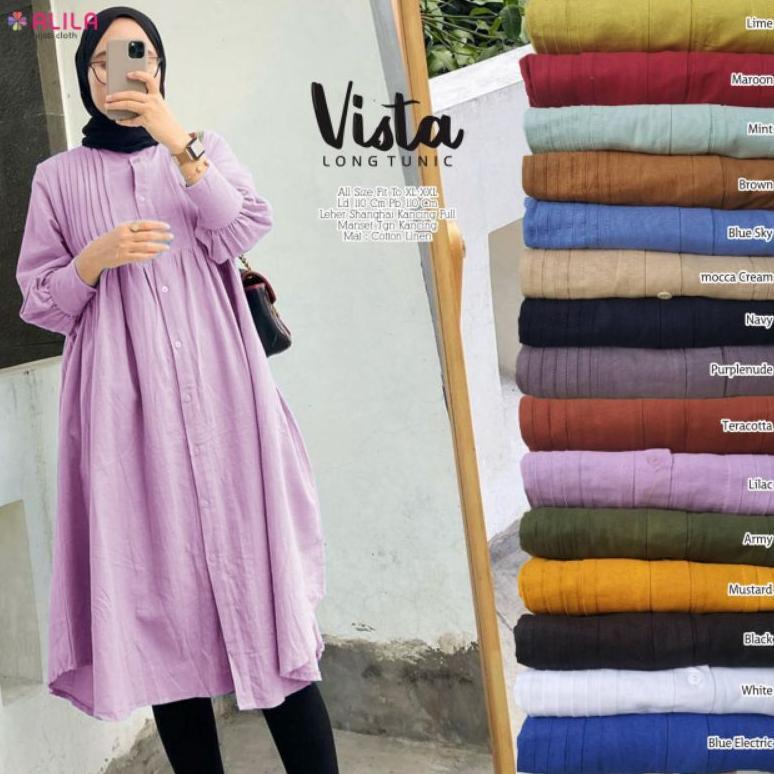 TERLARIS VISTA LONG TUNIK BAHAN COTTON LINEN IMPORT ORI BERLABEL ALILA/LONG TUNIK KATUN POLOS LD 110