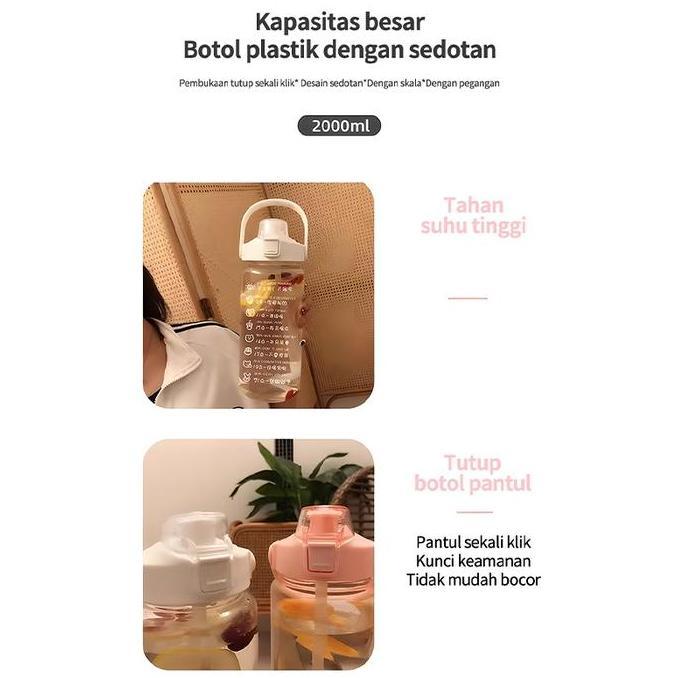 DAMELOPO Botol minum sekolah/Botol air minum 2000ml/cangkir plastik sedotan/botol minum dewasa