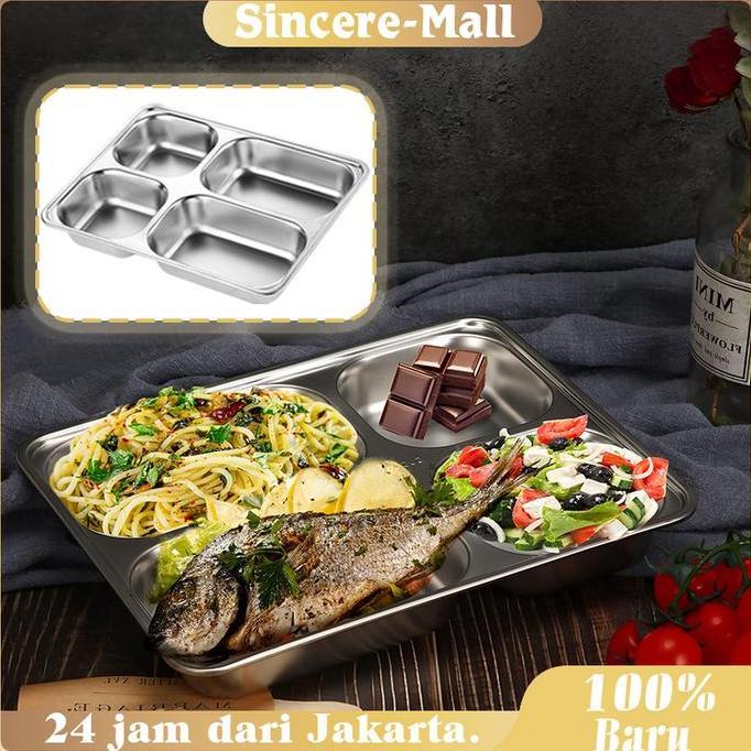 HAMDORA Piring Makan Sekat Stainless Steel 4 Sekat Piring Diet Tempat Makan Sekolah Tahan Panas Piri