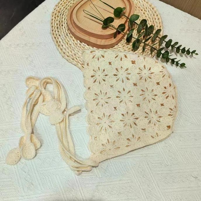 HASQUINE Topi Rajut Buatan Wanita Topi Bunga Rumbai Rajutan Berongga Topi Pullover Gaya Etnik Berong