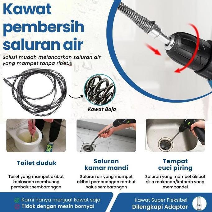 DZAPIRA Anti Sumbat Mampet Pembersih Saluran Wc Kawat Pembersih Pipa Mampet Dengan Adaptor Bor