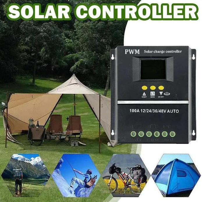 Solar Charge Controller 100A PWM Dual USB Auto 12V 24V 36V 48V Pengisi Daya Baterai AKI Solar Cell