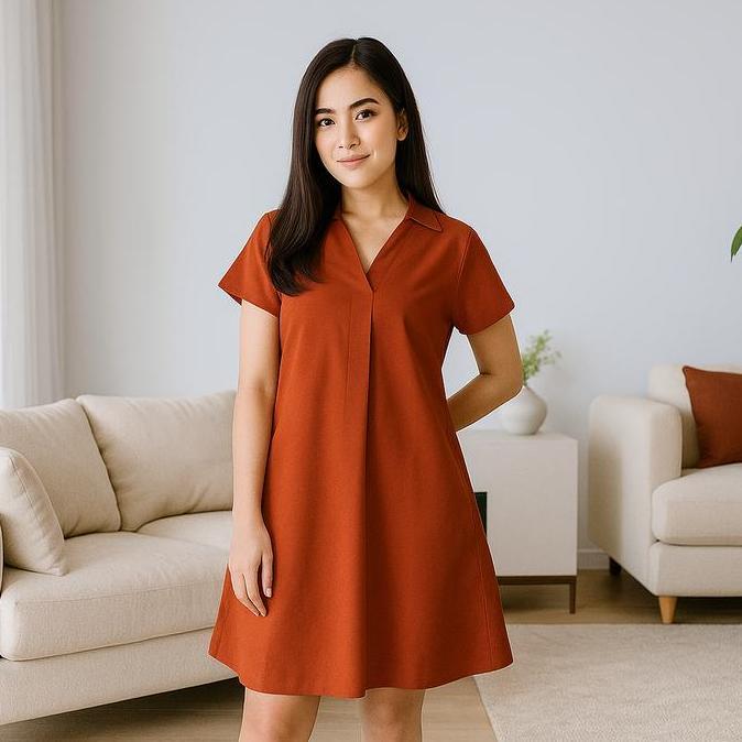 OVERAJA Fashion Fabric -  Dress Wanita Casual A-Line Mini Dress Kerah V-Neck lipat Lengan Pendek #41