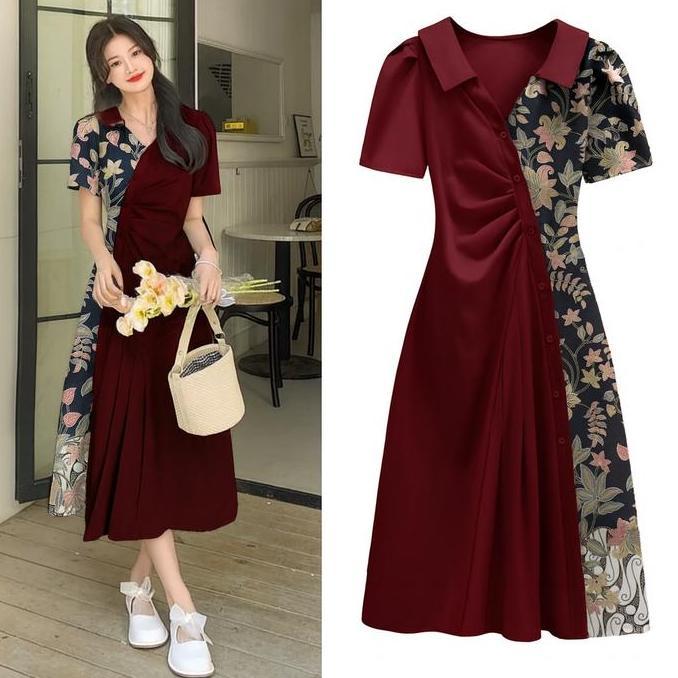 VATGUVOH Dress Batik Kantor Lengan Pendek Dress Kekinian Motif Pesta Kondangan Terbaru Dress Natal M