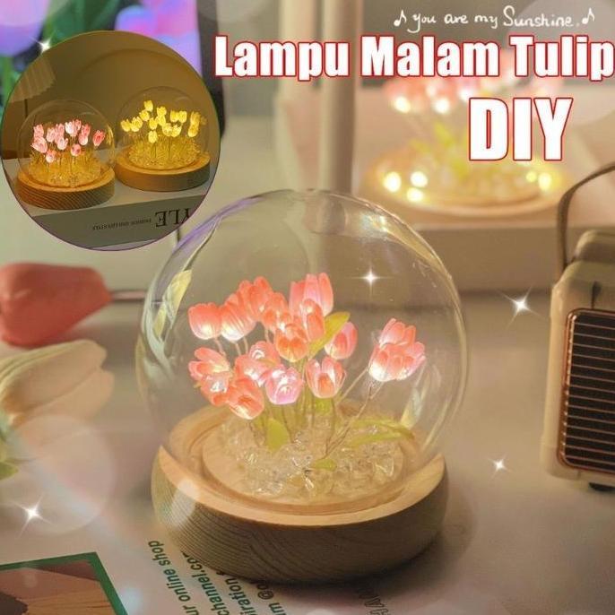 VATGUVOH Lampu Malam Tulip Simulasi DIY Tulip Baterai Dioperasikan Lampu Meja Bunga Tulip Lampu Mala