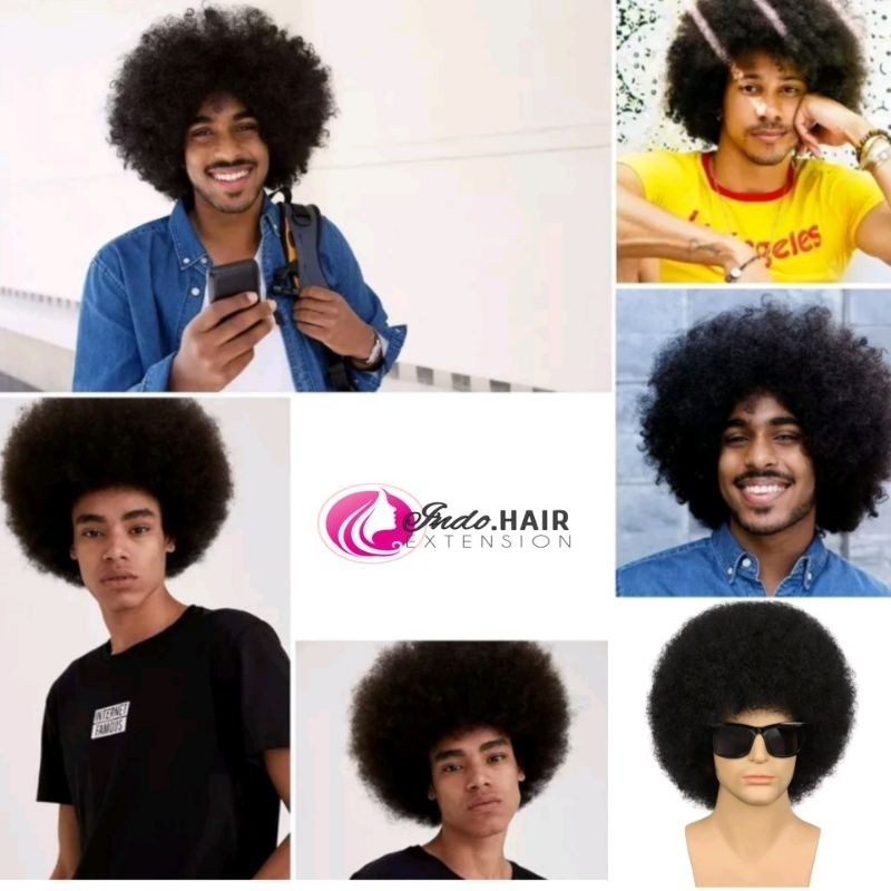 Wig Pria Rambut Kribo Rock And Roll Rambut Palsu Pria Model Kribo Warna Hitam Gaya Rocker Amerika