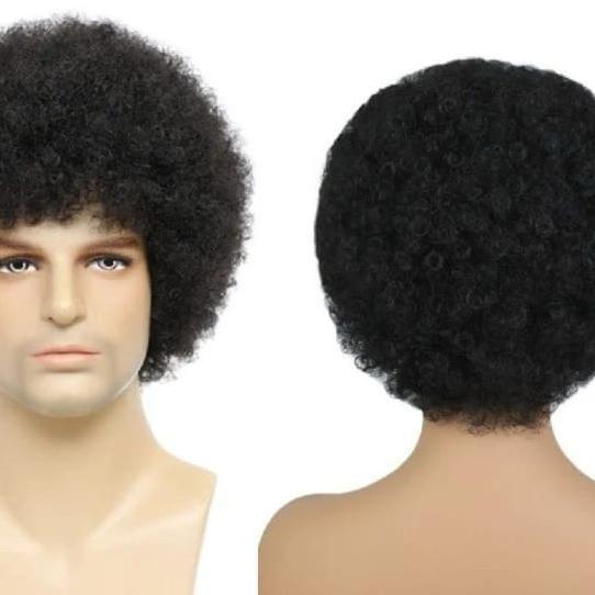 Wig Pria Pendek Model Kribo Bulat Warna Hitam Natural Rambut Palsu Kribo Brokoli Kriting