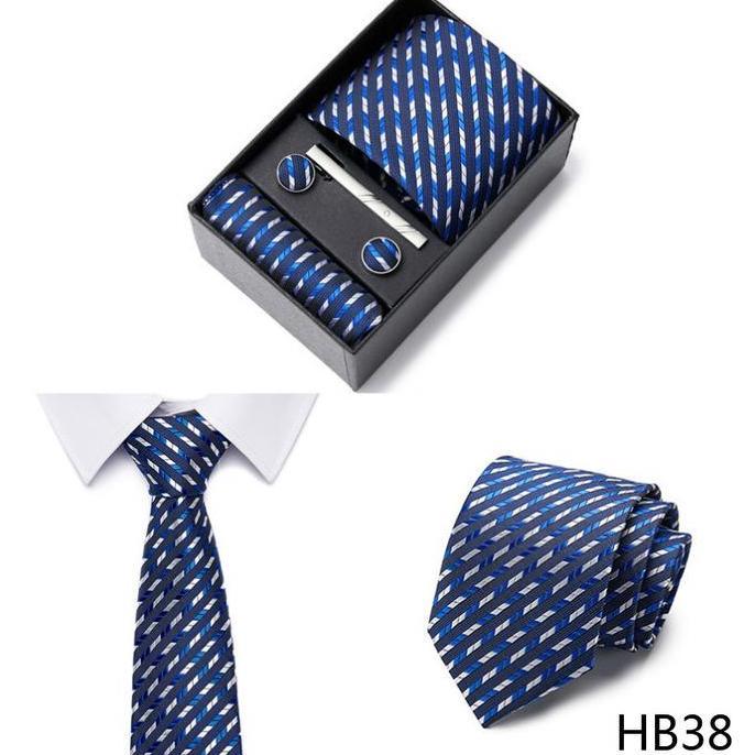 Dasi Set silk 8cm Set Cufflink Saputangan Jas Box NAVY BIRU MUDA BLUE BIRU DONGKER