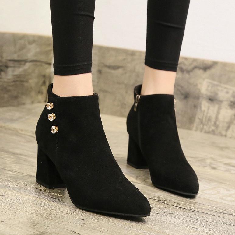 Ready Stock Sepatu Boots Wanita Heels 3 Mutiara Suede 5Cm