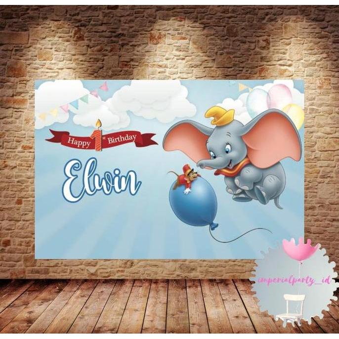 Ready  Custom Backdrop Banner Spanduk Happy Birthday Dumbo Gajah Elephant