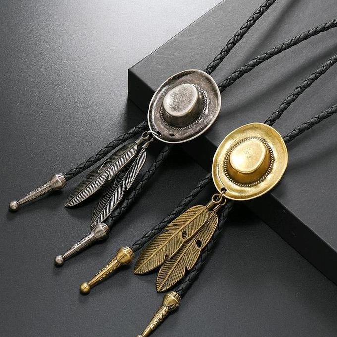 Bolo Tie Dasi Koboi Feather Hat Kalung Kulit Asli Cowboy Topi dan Bulu Men Vintage murah