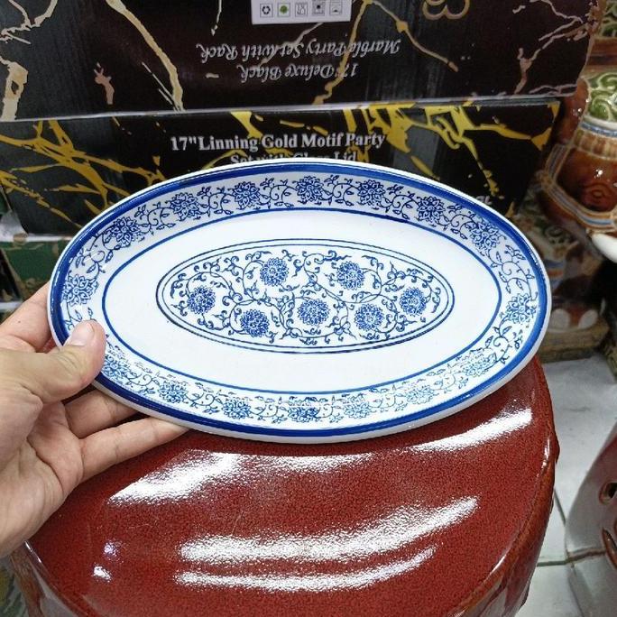 Piring keramik saji makan oval biru putih HC