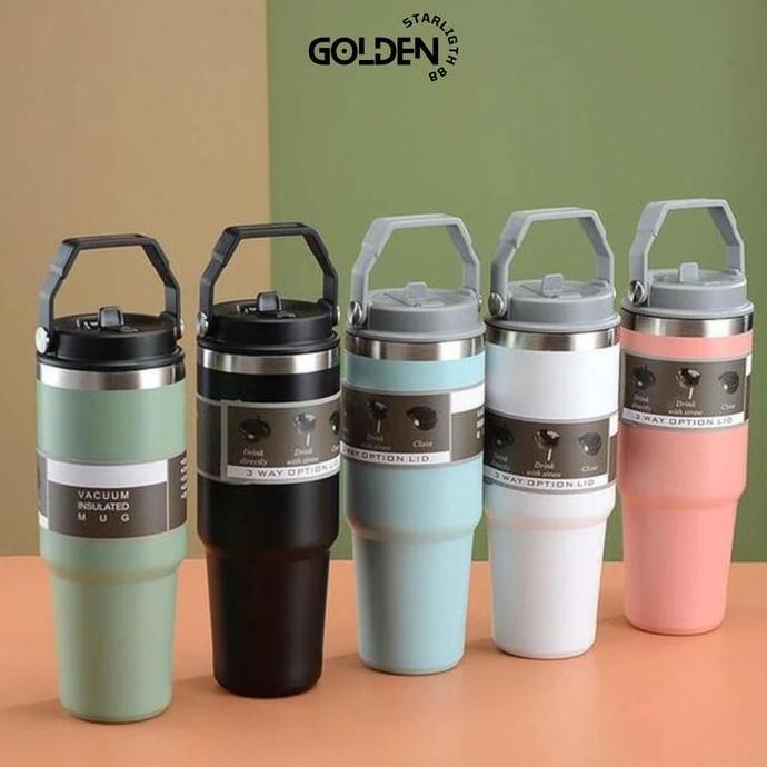 Lansungkirim- Tumbler Tyeso Handle Vacuum Insulated 890Ml Sus 304 Dengan Sedotan & Pegangan Tahan La