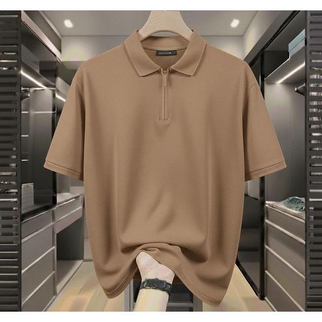 Kaos Polo Shirt Pria Lengan Pendek Zipper Polos Gaya Santai Stylish Ern Untuk Penggunaan Seharihari 