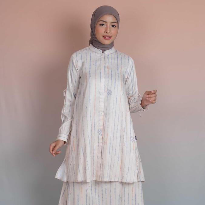 TERLARIS - Elzatta  Long Tunik Saffron Splatter Tunik Kemeja Motif Muslim Wudhu dan Busui Friendly