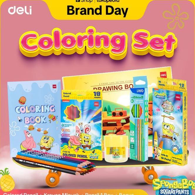 Deli X Spongebob Paket Mewarnai Pensil Warna Spongebob Krayon Minyak Spongebob Buku Mewarnai Spongeb
