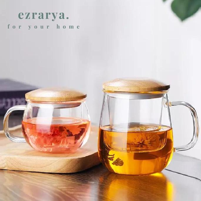 EZRARYA Gelas Teh Kopi Saringan Infuser Gelas Kaca Saringan Teh Kopi Kayu