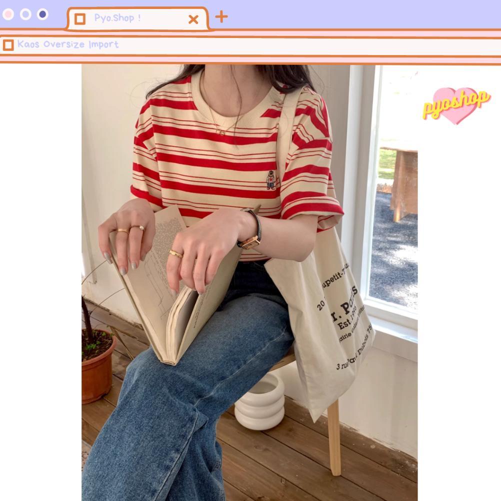 Garansi Kaos Stripe Oversized Import Wanita Bordir Korean