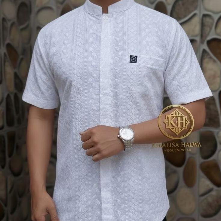 MURAH KOKO BORDIR FULL KATUN PARIS PUTIH BERSIH MODEL PANJANG PENDEK | KOKO PRIA PUTIH