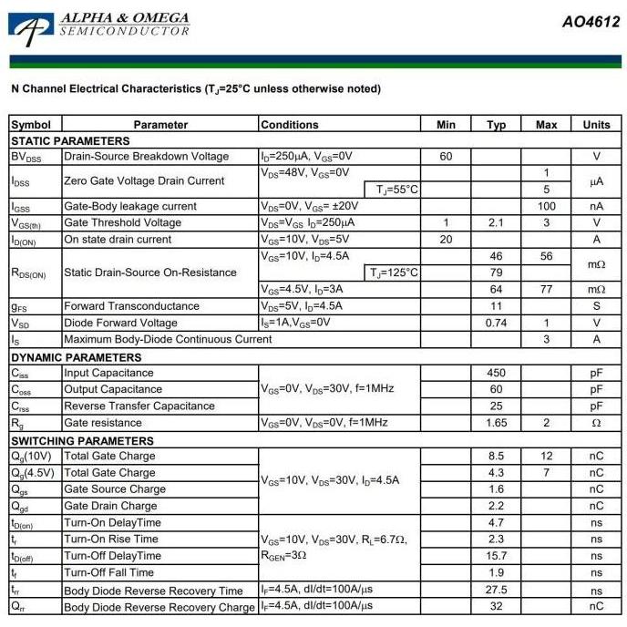 AO4612 60V N-Channel & P-Channel Mosfet 4612 SOIC-8 Alpha Omega Origin