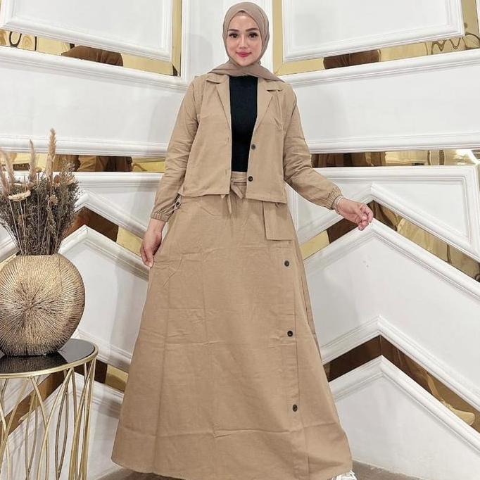 Kaharu One Set Rompi Fashion Muslim Wanita Kekinian  Setelan Baju Linen Panjang