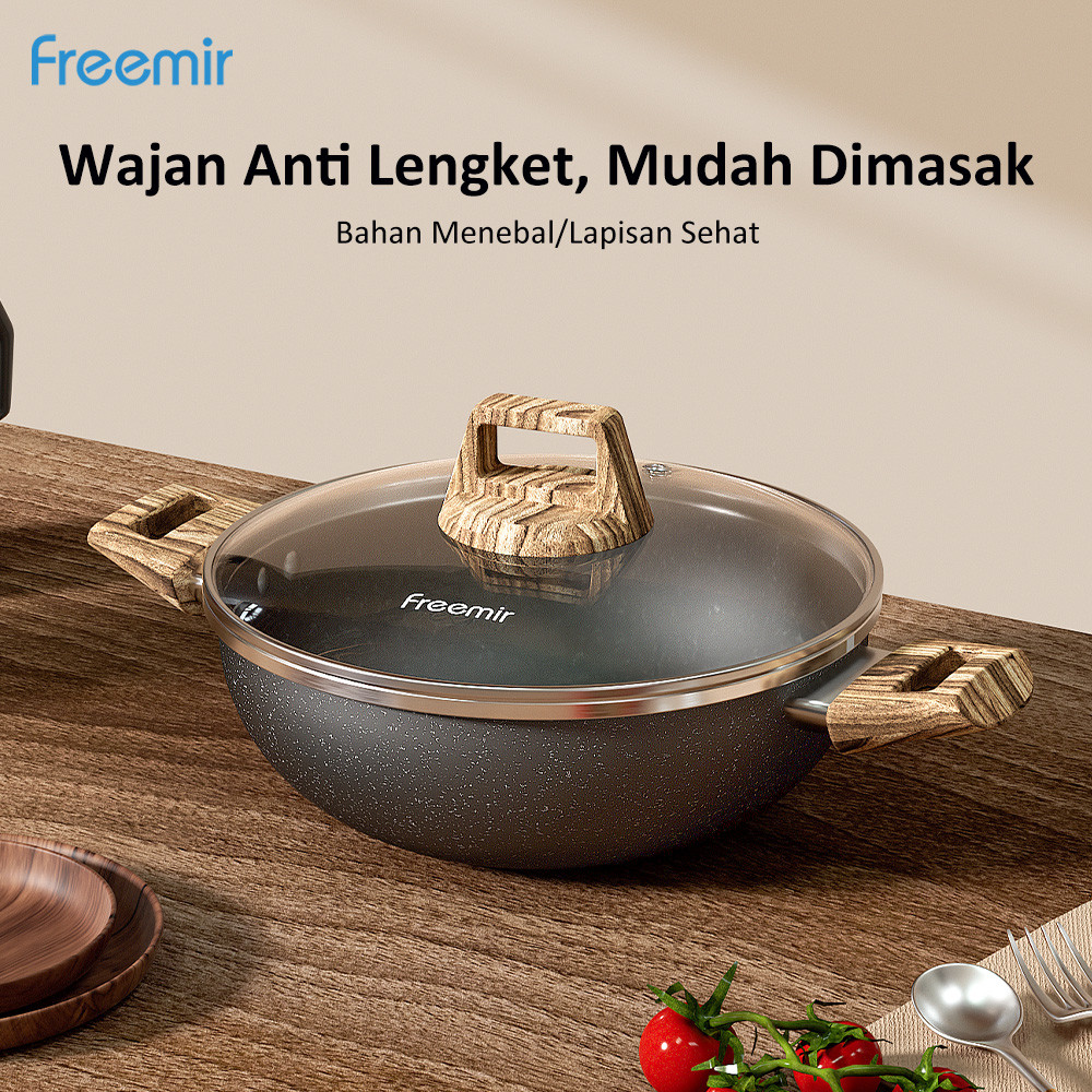 freemir Wajan Teflon 24cm Wajan Tutup Kaca 24cm Anti Lengket Anti Karat Mudah di Bersihkan Tahan Lam